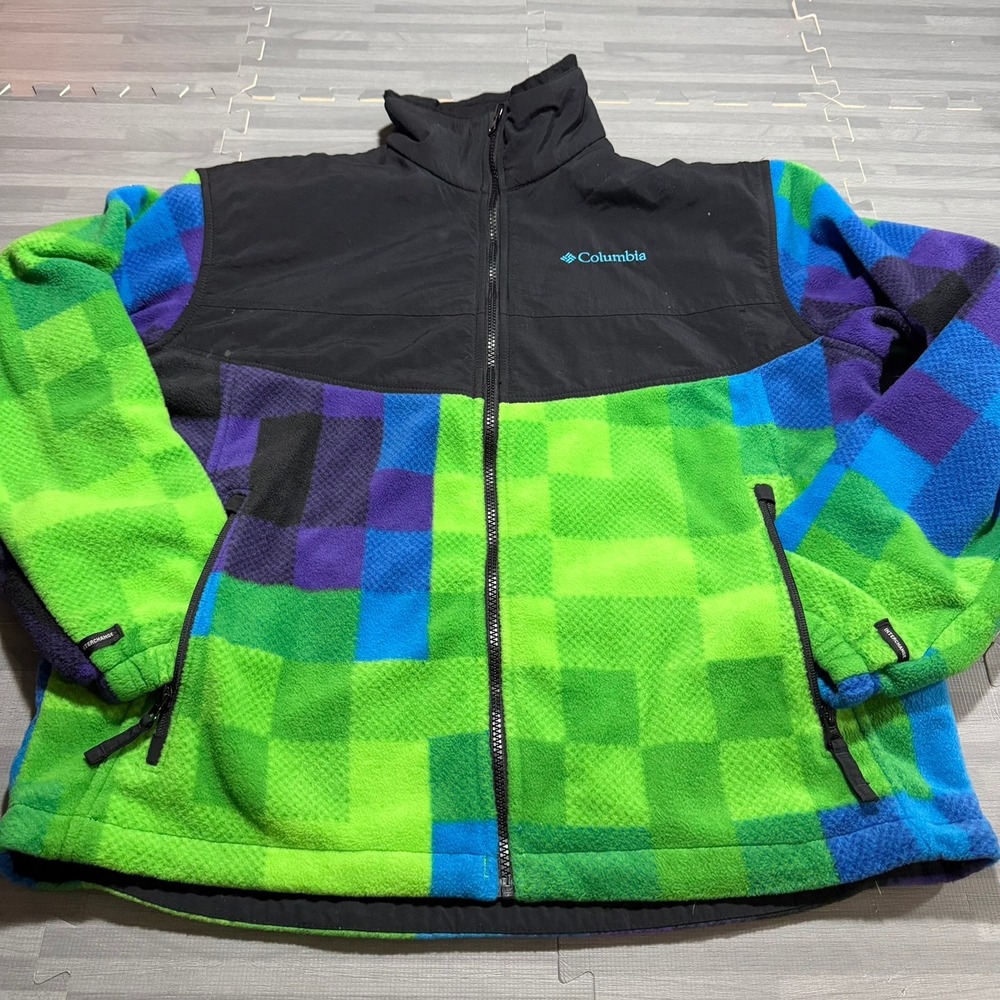 Columbia Large Interchange Fleece Jacket Green Blue Pixel Pattern